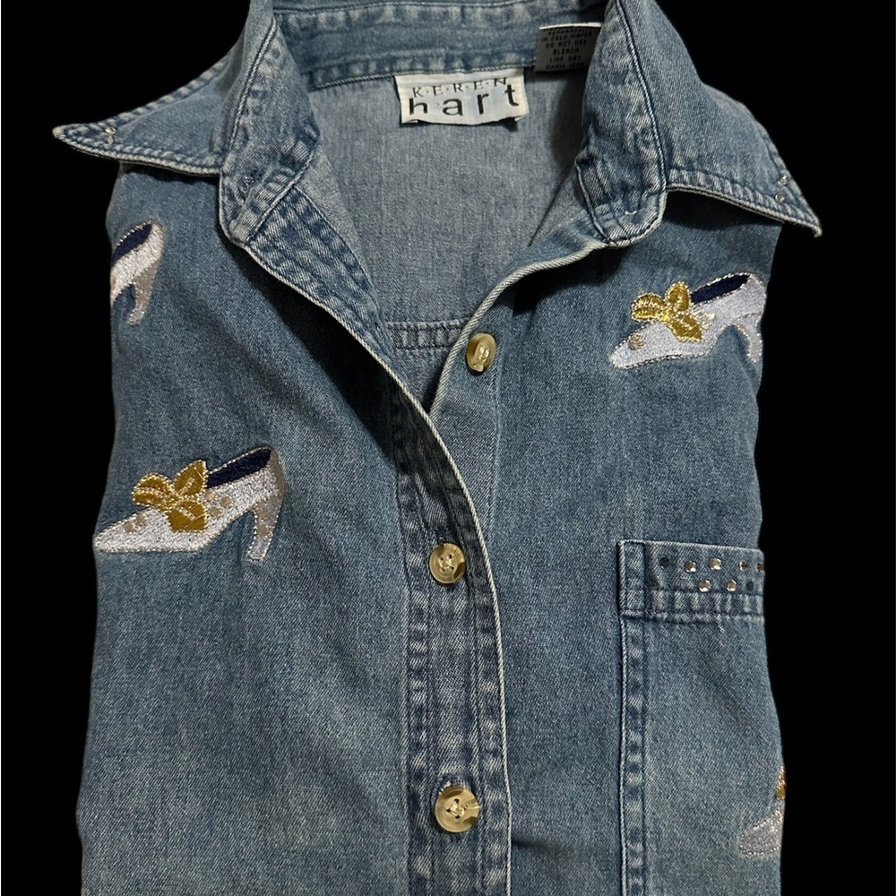 Keren Hart Denim embroidered Button up Long sleeve embroidered shoe design - Picture 2 of 11